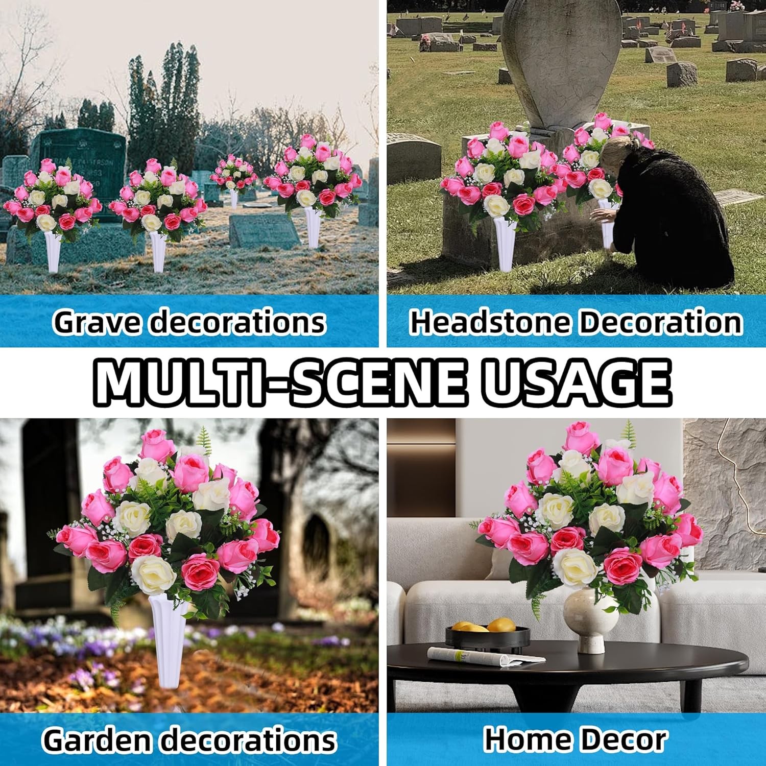 Set of 2 Artificial Cemetery Flowers with Vase,Grave Memorial Flowers,Artificial