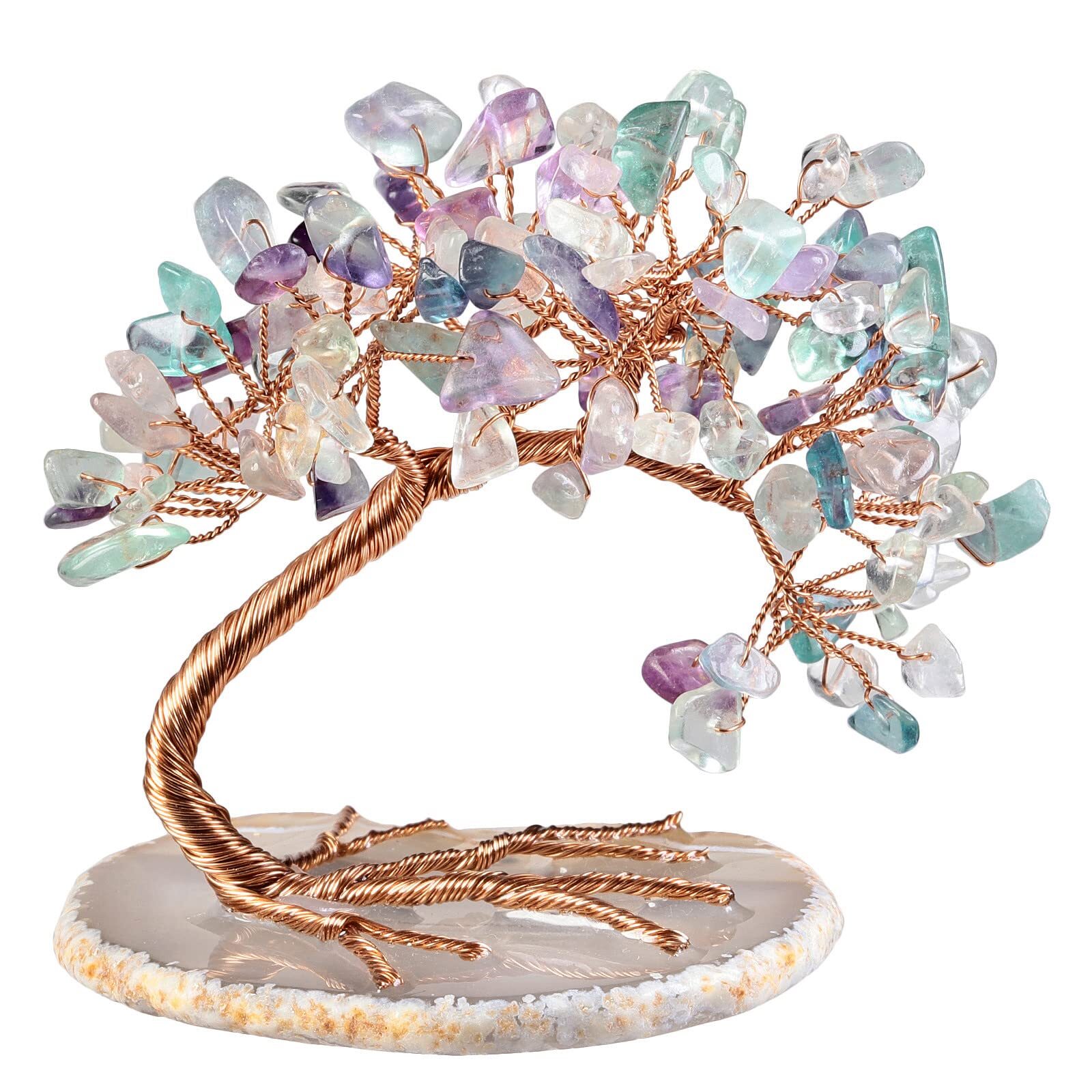 3-4″ Copper Wire Healing Crystal Money Tree for Good Luck Agate Slice Base Bo…