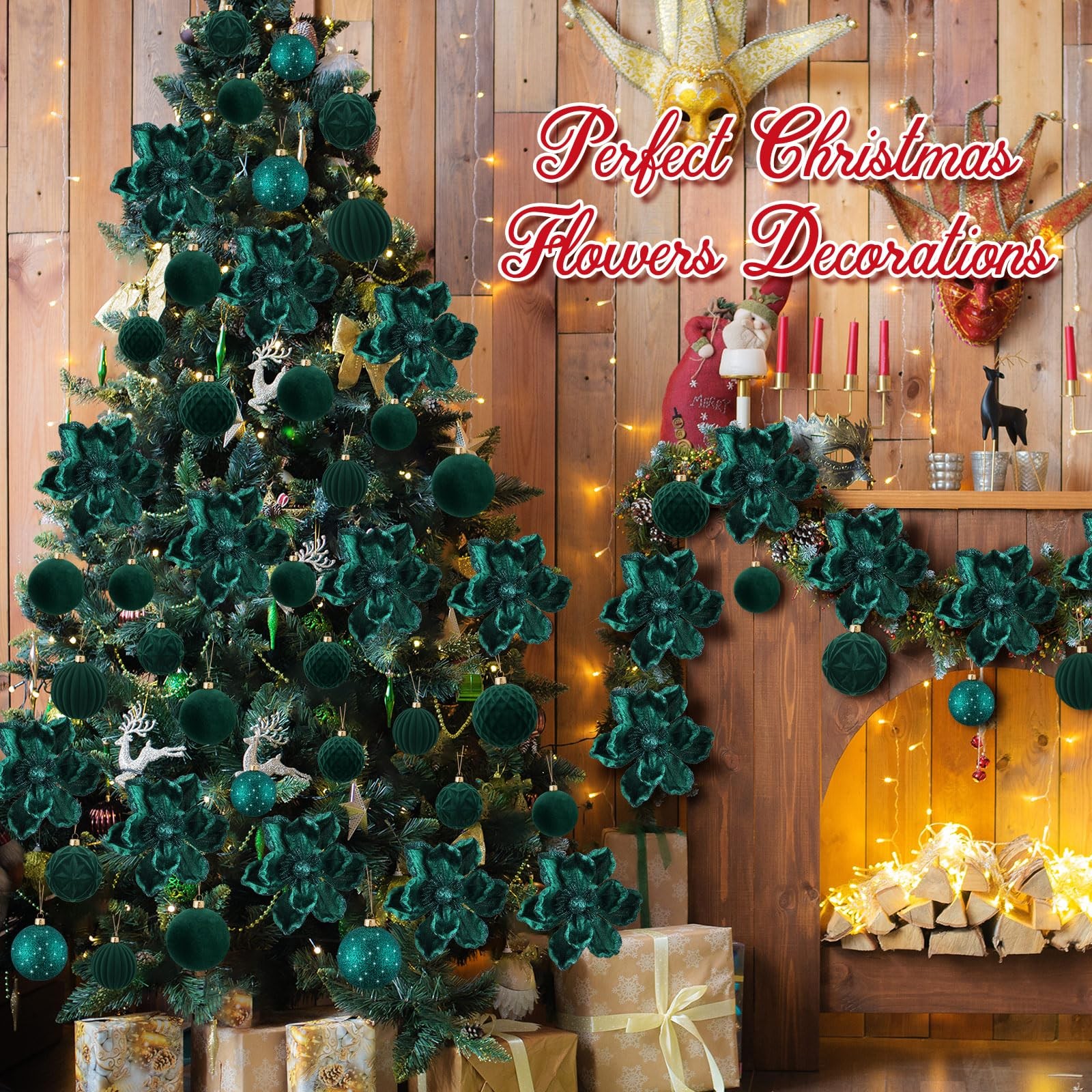 48 PCS Green Christmas Tree Decoration Set Poinsettia Flower Picks Ball Decor