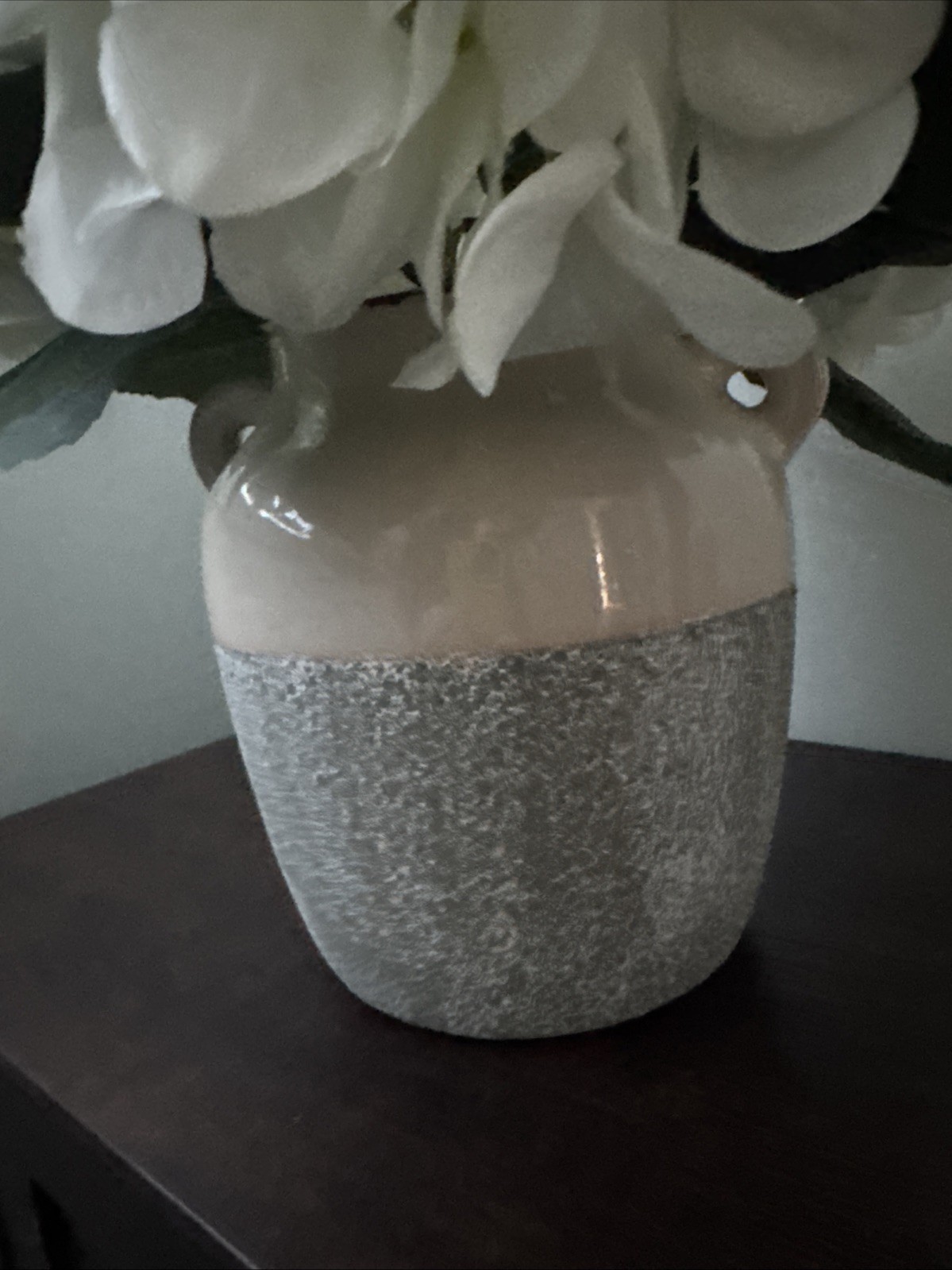 Contemporary Spring Faux Arrangement -White Hydrangea In Pottery Vase