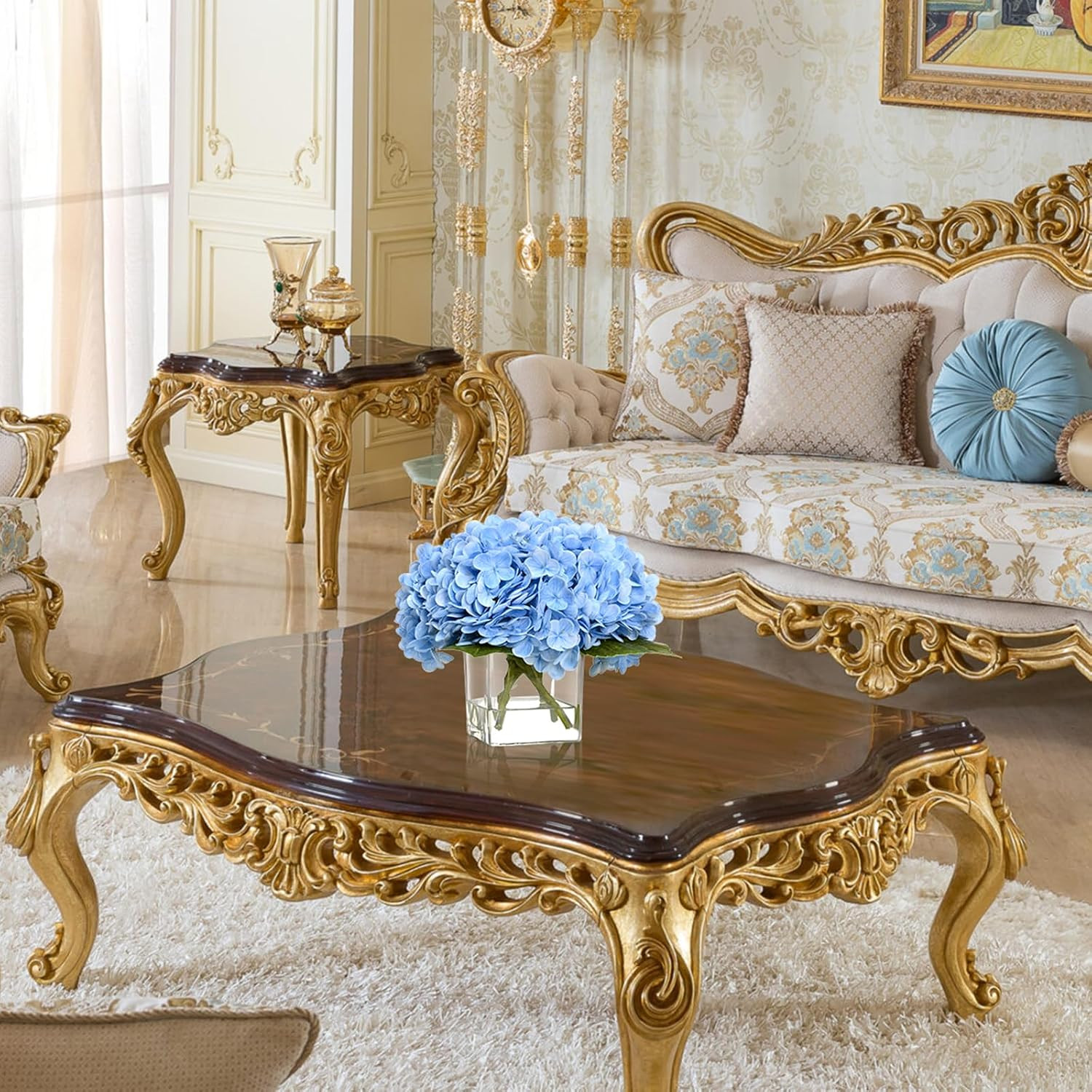 Luxury PU Fake Flowers in Vase with Faux Water, Blue Real Touch Hydrangea Artifi