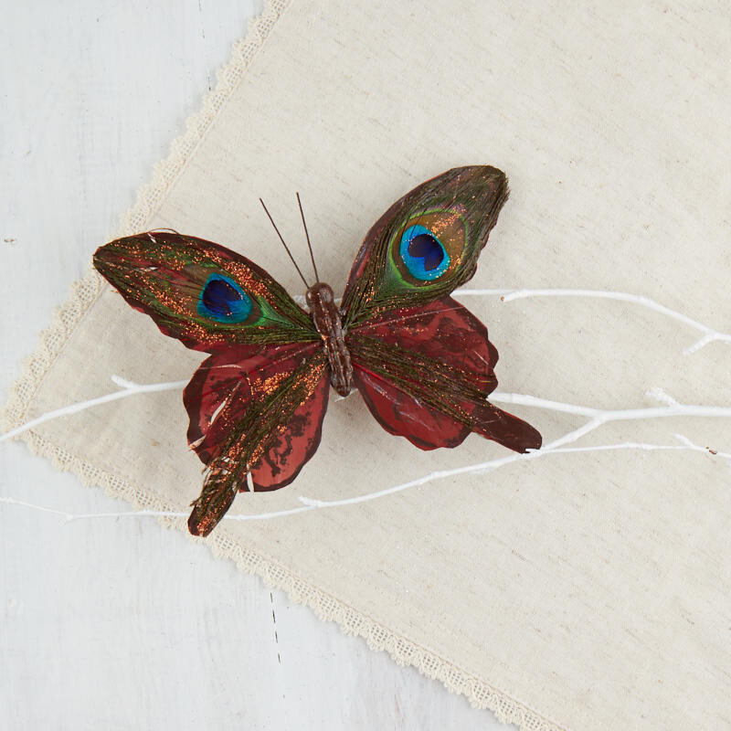 Set of 2 Brown Glittered Peacock Feathered 6-3/4″ Artificial Butterflies