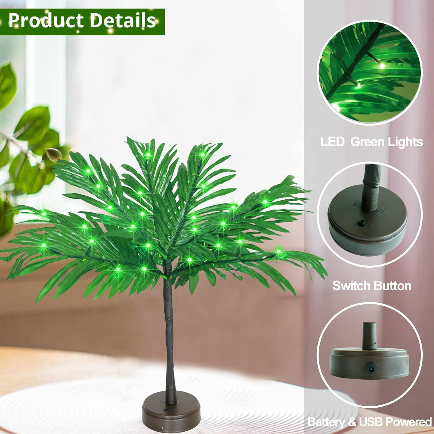 23 in Lighted Palm Tree Table Decor, Tropical Artificial Palm Tree Lights Branch