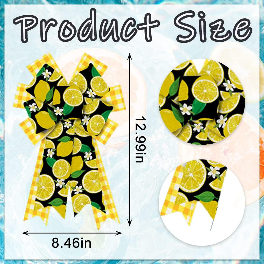 2Pcs White Yellow Plaid Burlap Lemons Flower Bows for Wreaths, Summer Fruits Rib