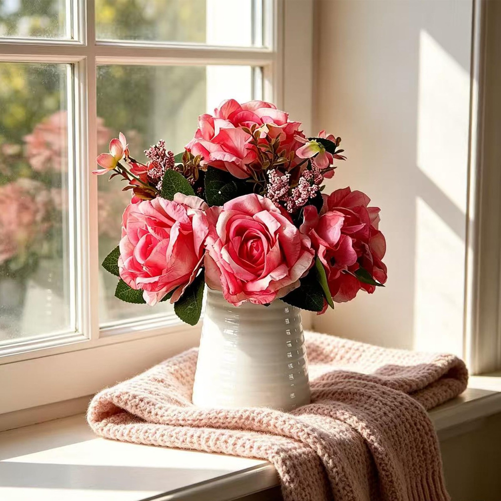 Artificial Rose Arrangement in White Ceramic Vase, Pink Silk Flowers with Fol…