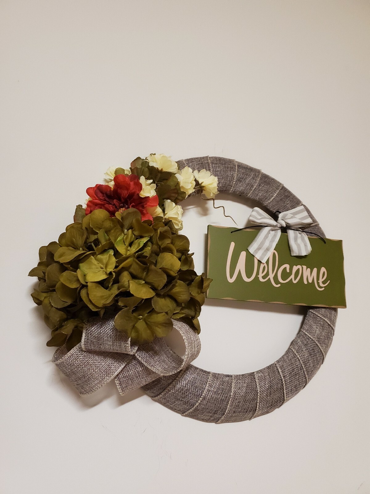 WELCOME wreath FLOWER Hydrangeas Mums burlap FALL autumn Decor Front Door 15