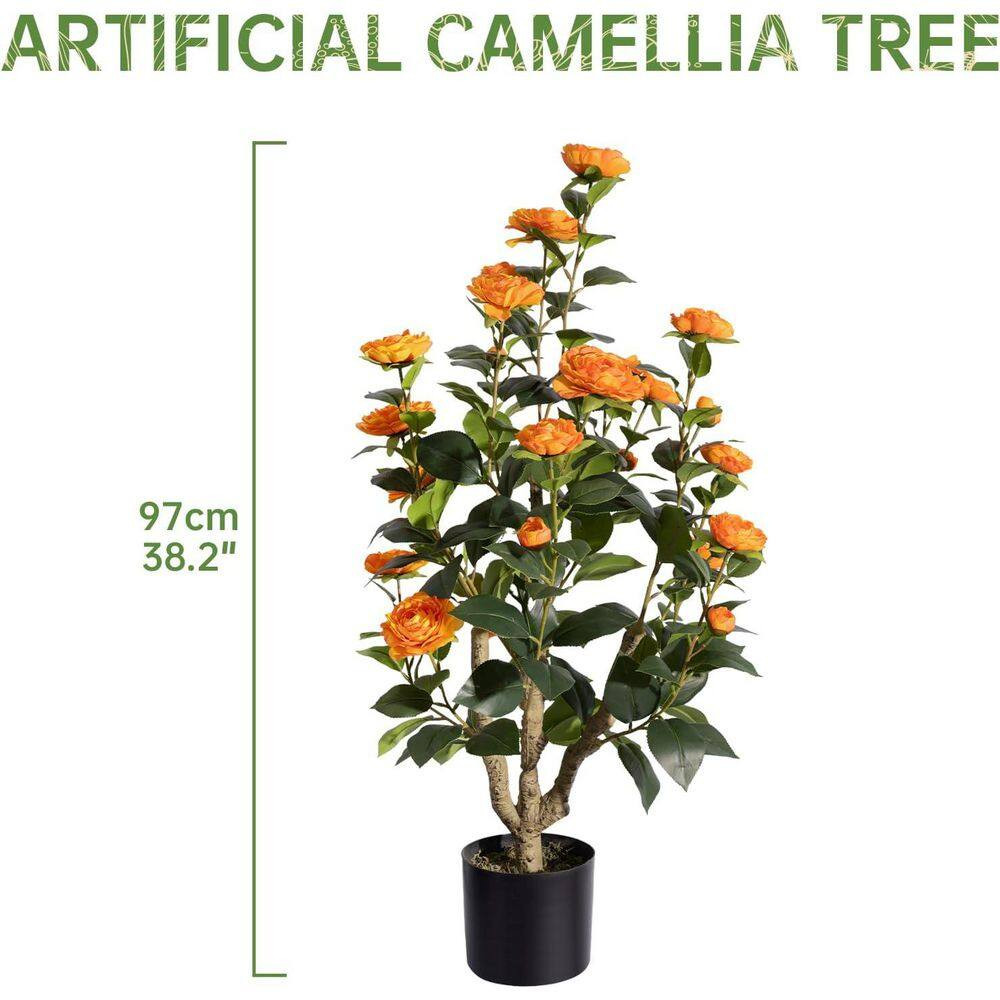 3 Ft. Artificial Camellia Flower Tree in Pot, Lifelike Green Leaves, Orange Blos