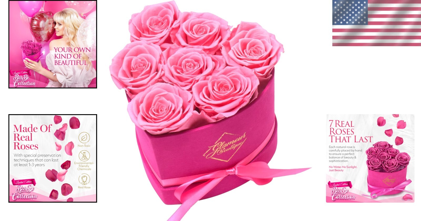 Luxurious 7-Piece Heart-Shaped Velvet Pink Flower Box – No Maintenance Required