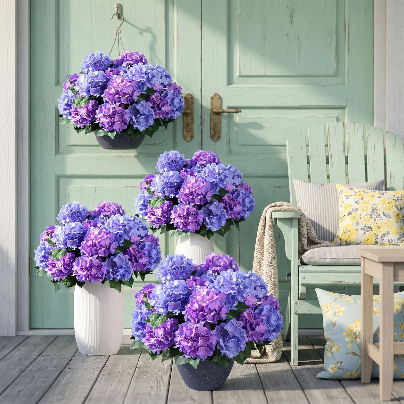 4 PCS UV Resistant Purple Blue Fake Silk Hydrangea Stems – Realistic Faux Flower