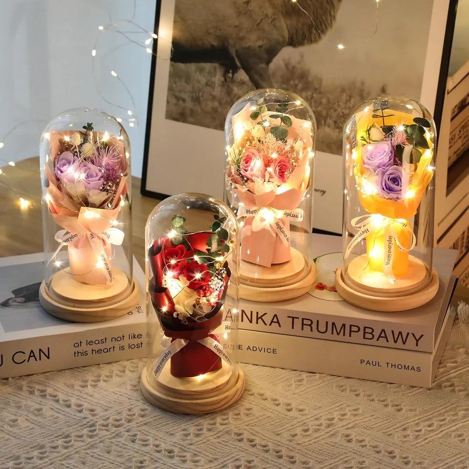 LED Galaxy Rose Eternal 24k Gold Foil Flower with Fairy String Lights Dome Decor