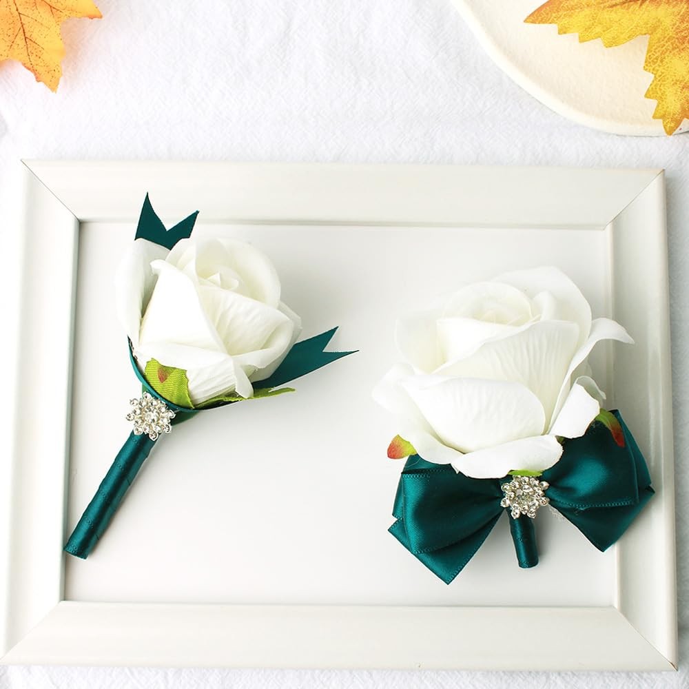 2 PCS Wrist Corsage Rose Boutonniere Set Bride Groom Prom Green White
