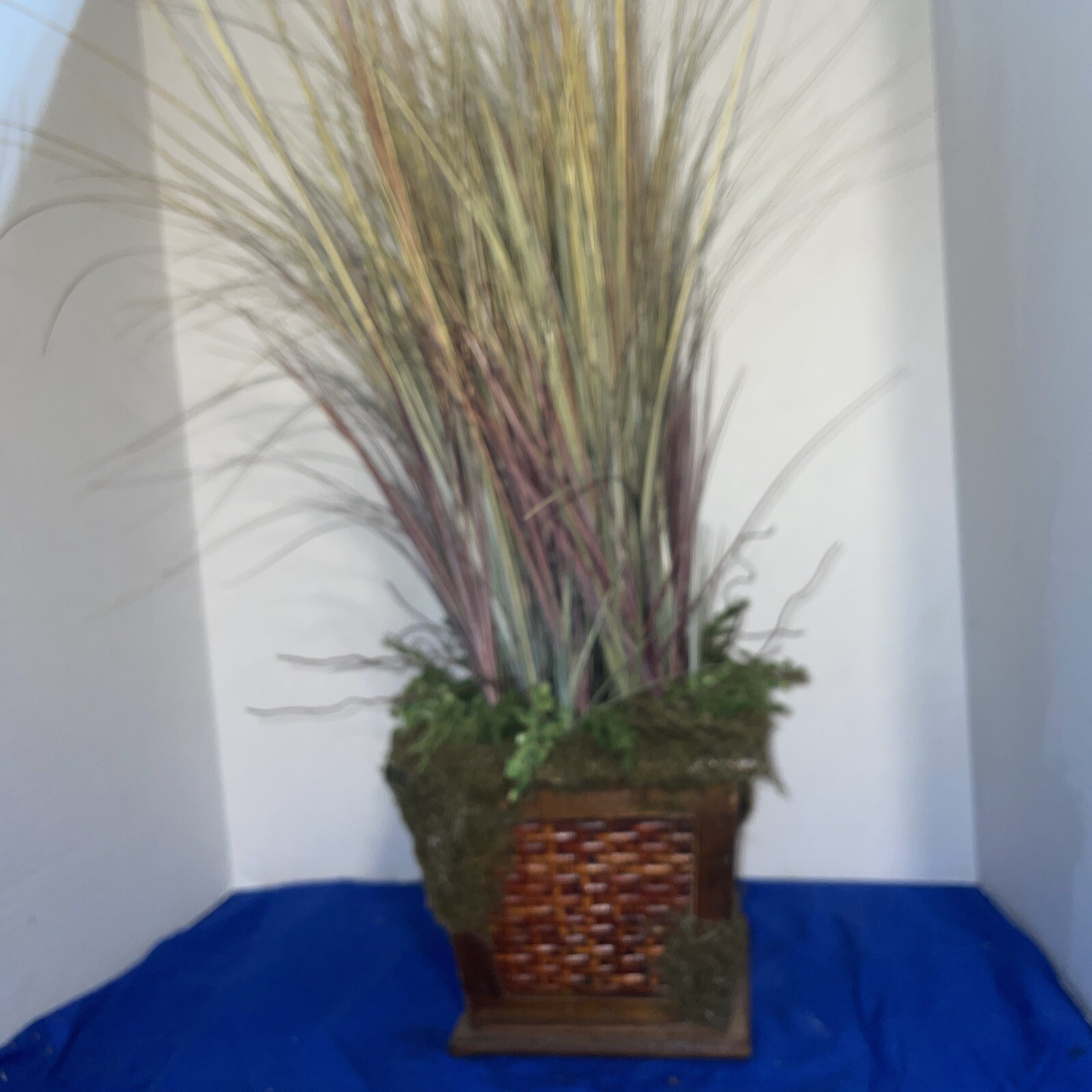 24″ Grass in Multiple Colors In Handcrafted Wood &Wicker Pot W/Moss- Estate Find
