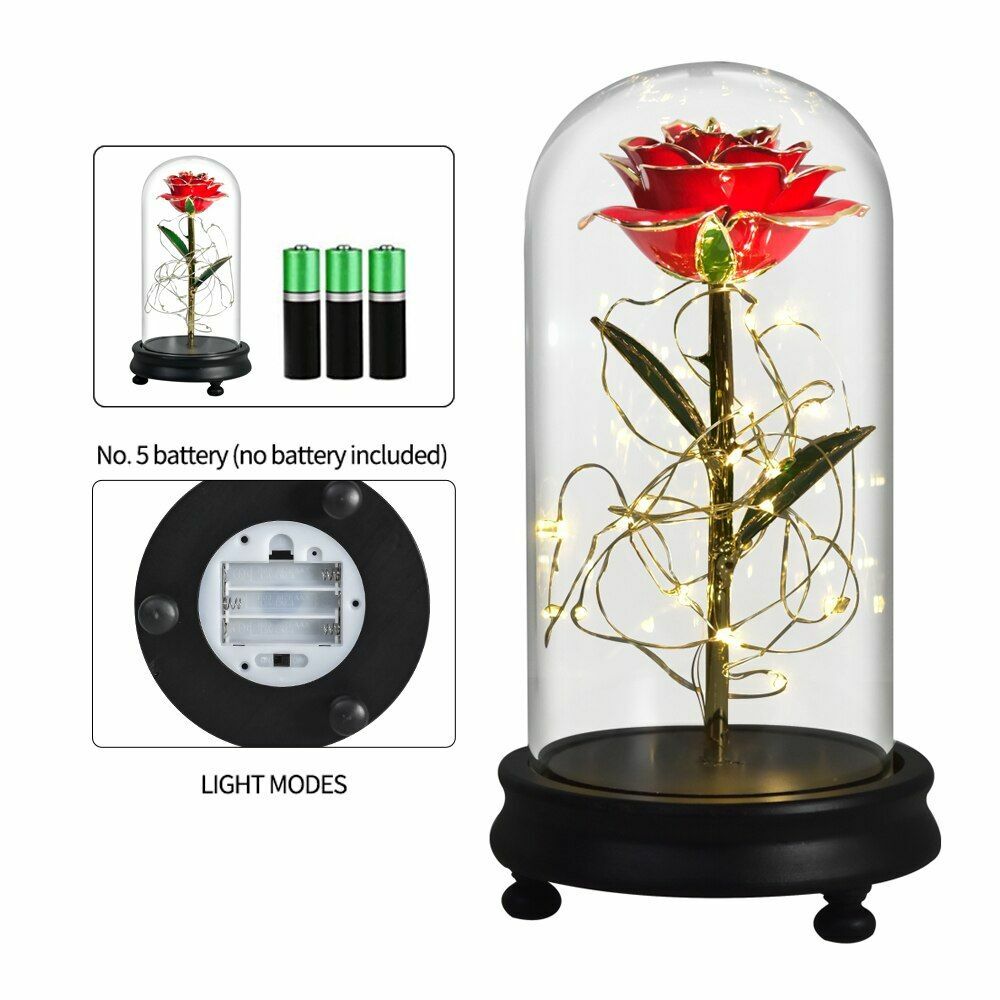 Gold Dipped Rose Flower In Glass Birthday Wedding Valentine Mothers Gift Womens