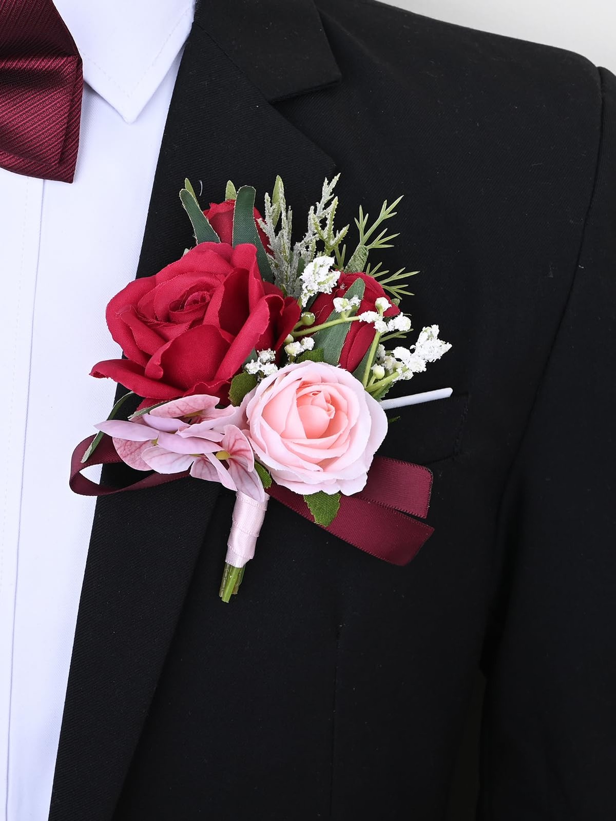2 PCS Boutonniere Wrist Corsage Set Artificial Rose Men Women Red Pink Decor