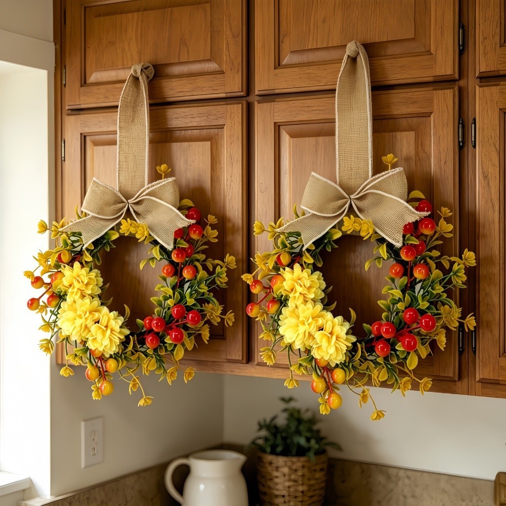 Plastic Wire Artificial Wreath with Chrysanthemums Berries Autumn Theme