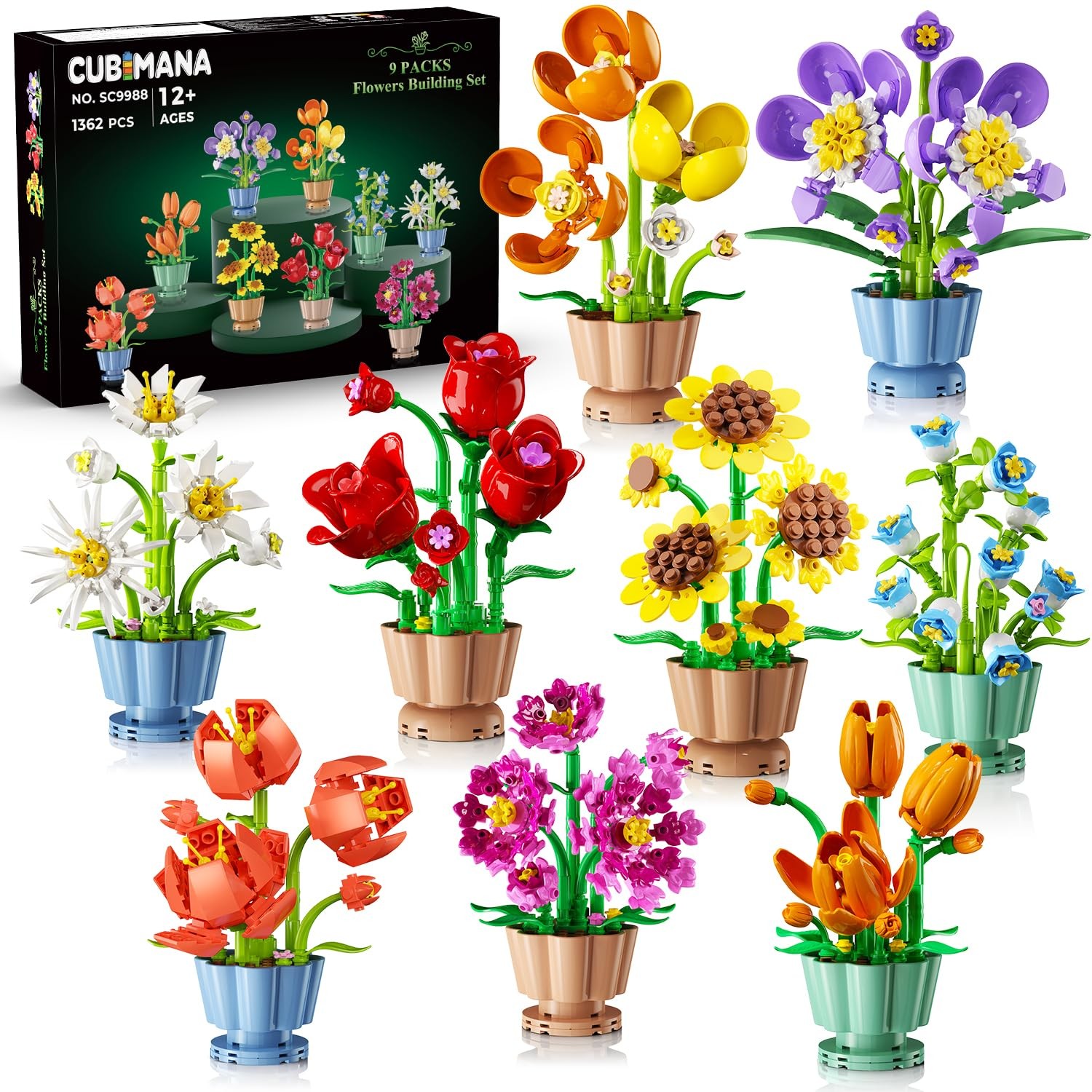 9 Pack Flowers Botanicals Collection 3.6MM Mini Building Set-1362PCS Flower Plan
