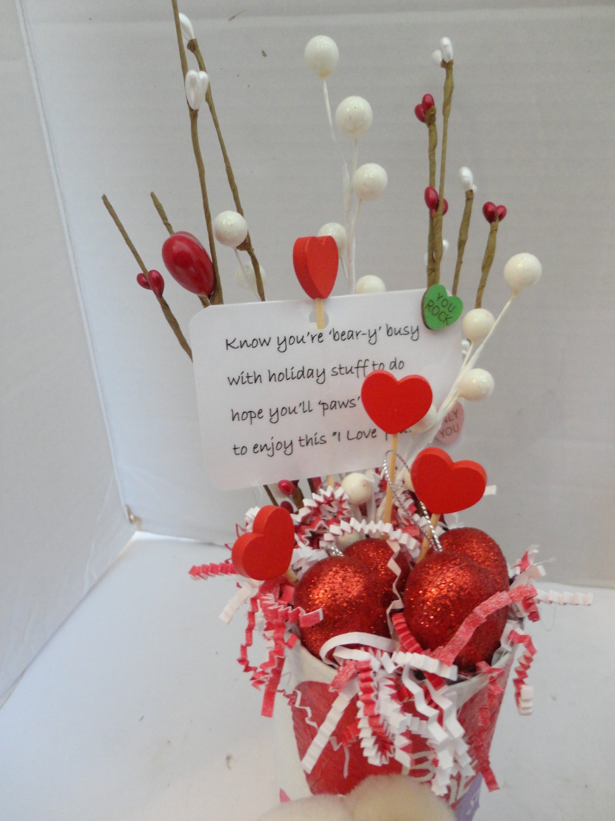 Valentine Small Table Floral Arrangement with Bear ( Handmade)