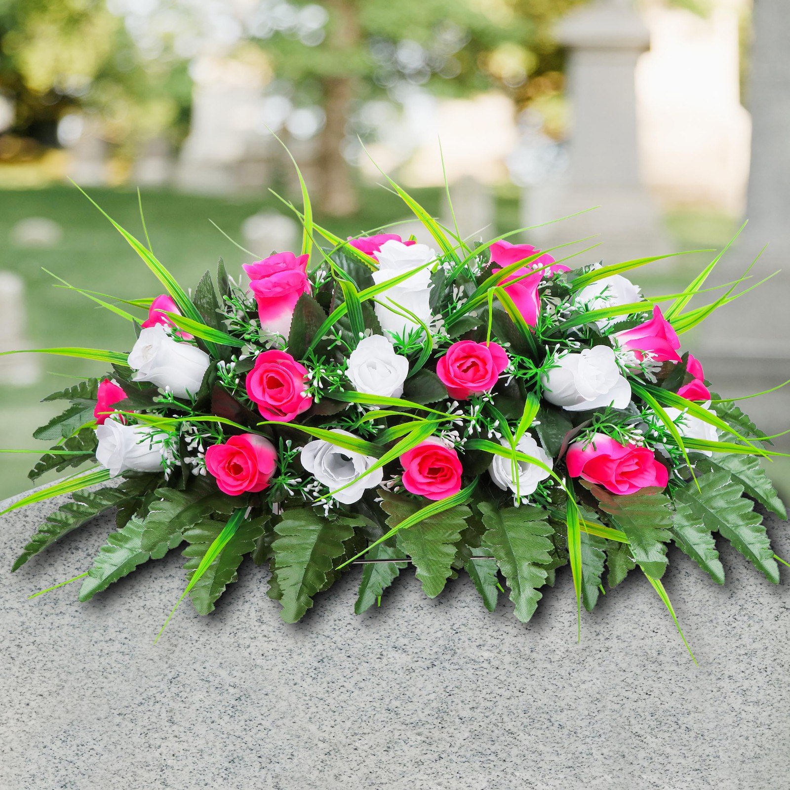 Artificial Cemetery Flower-Outdoor Grave Saddle Headstone Decorations,Pink an…