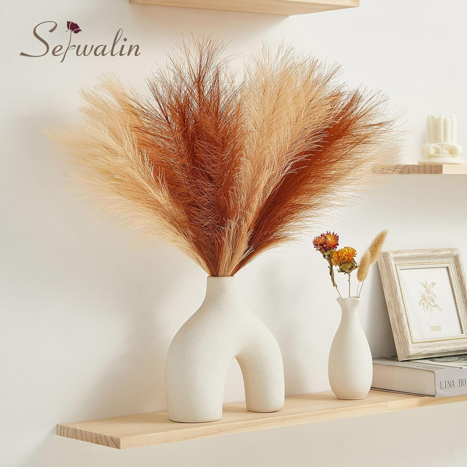 Serwalin 60pcs Orange Pampas Grass Decor, 17.7Inch Fall 17 Inch, Sunset
