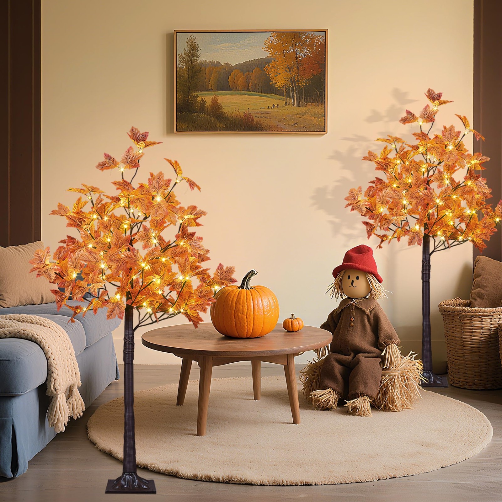 2PCS 4FT LED Lighted Maple Trees – 144 Warm White Lights for Halloween & Fall De