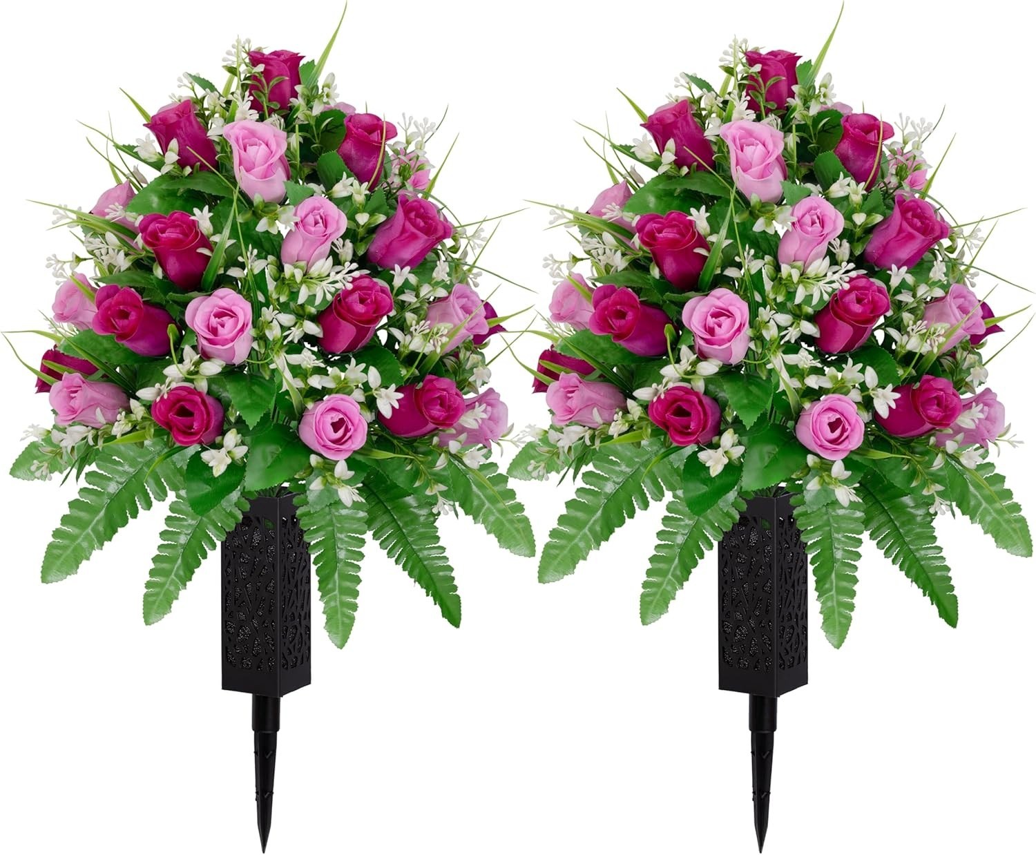 2 Sets Artificial Cemetery Flowers, Purple and Pink Realistic Roses Bouquet, …