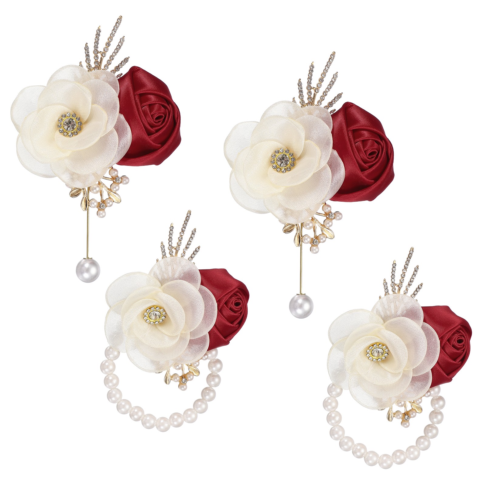 2 Sets Wrist Corsage and Boutonnieres Set for Wedding Groom Bride, Burgundy