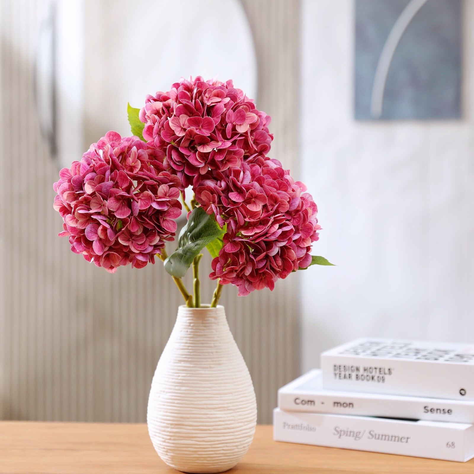 3Pcs Artificial Hydrangea Moisturized Long Stem Fully Blooming Flowers Home Deco