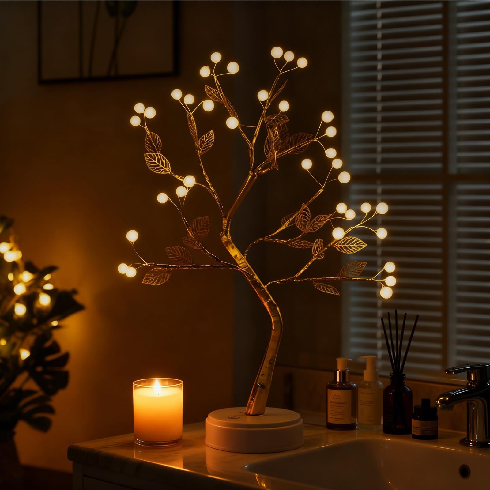 Pearl Gold Leaf Tree Shaped Light Warm White 36 Decoration Table Lamp Battery…