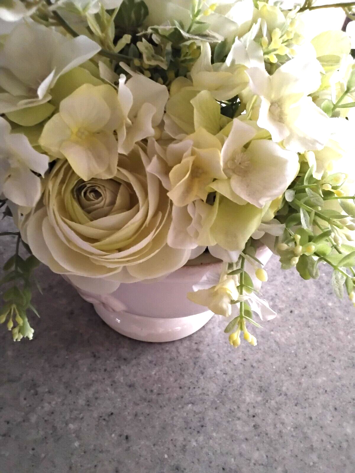 White on White Artificial Roses & Hydrangeas with Greens in Ceramic Cream Pot
