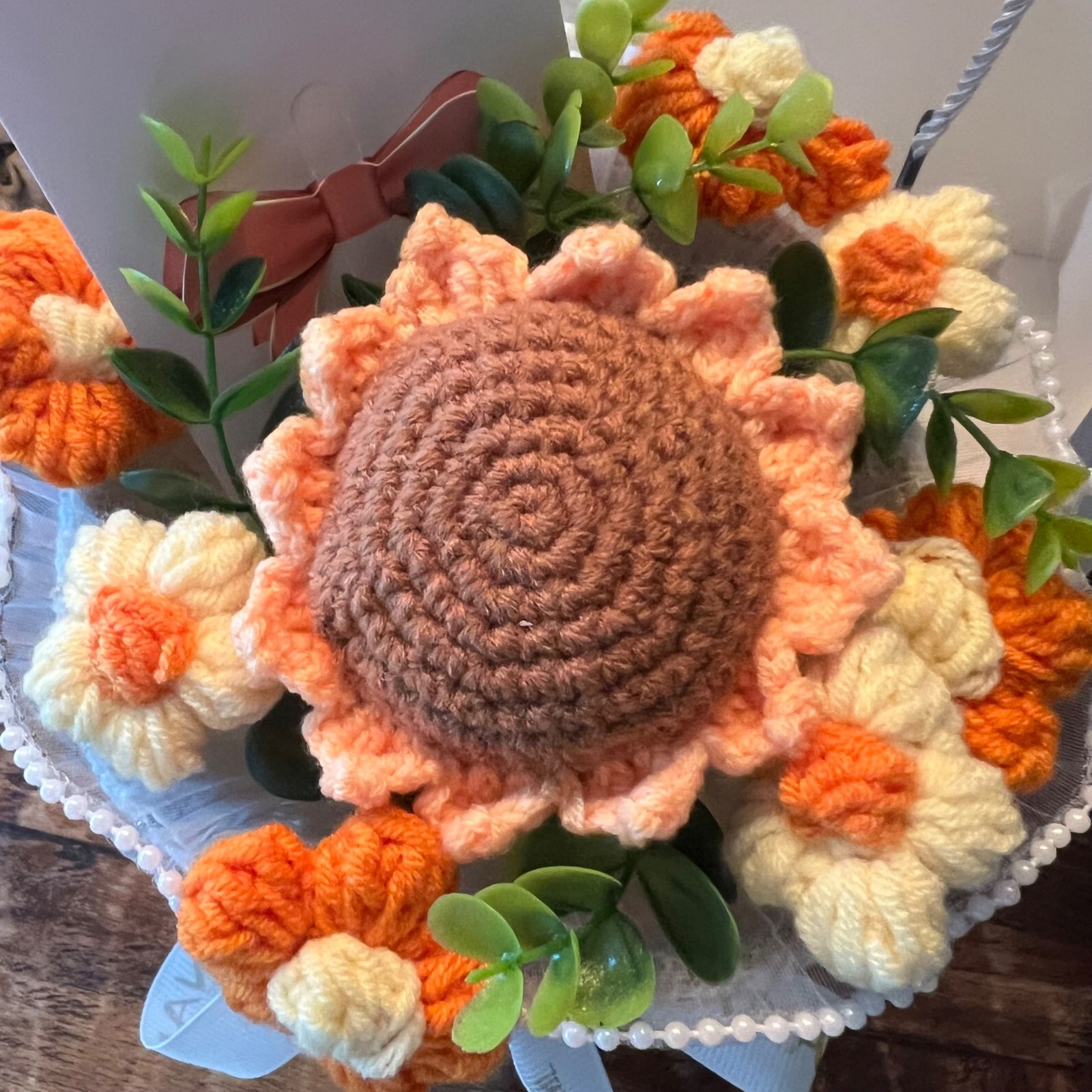 Crochet Flower Bouquet Gift With Orange & Yellow Blooms In Tweed Wrap & Gift Bag