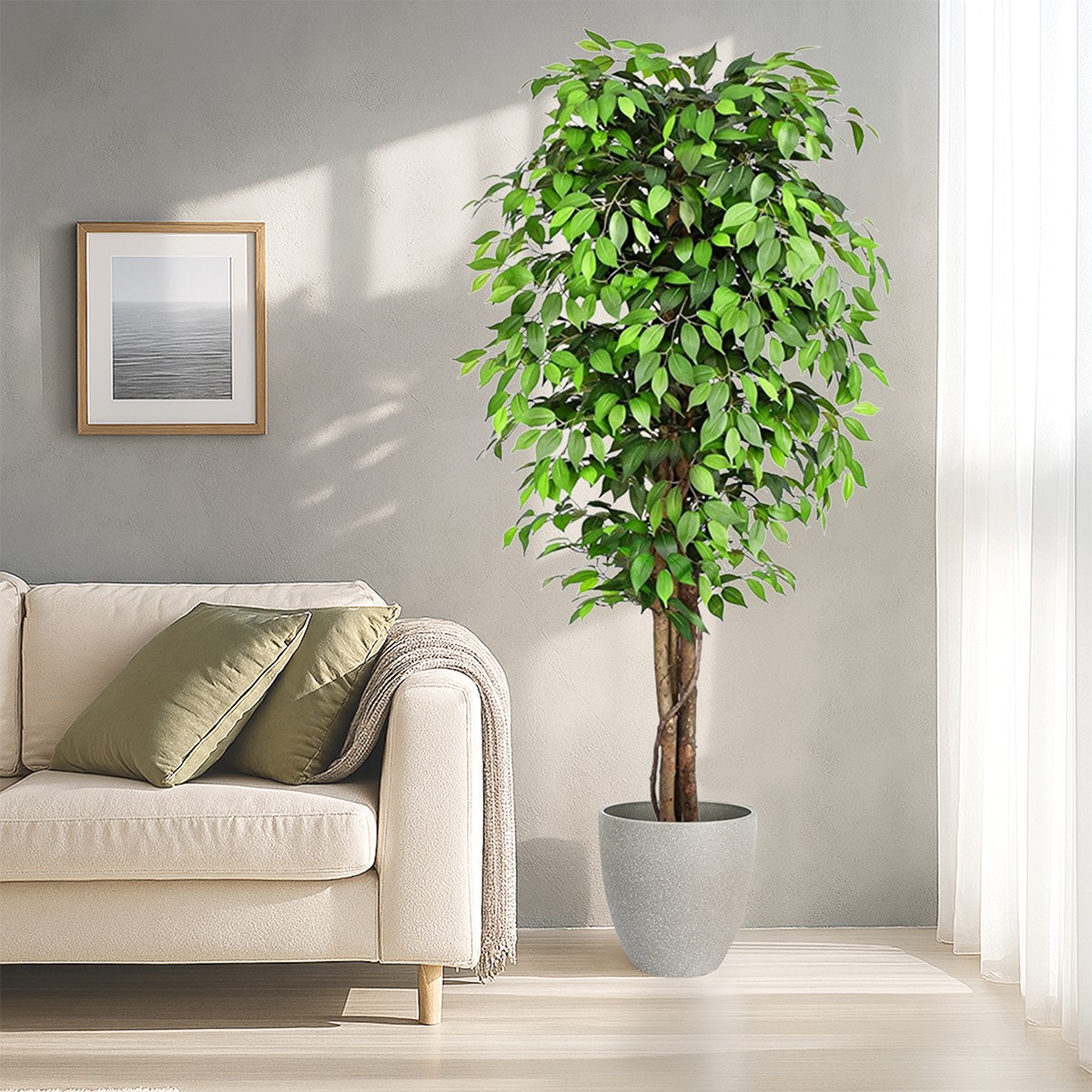 Artificial Ficus Tree with Plant Pot, Silk Fake Ficus Tree in Plastic