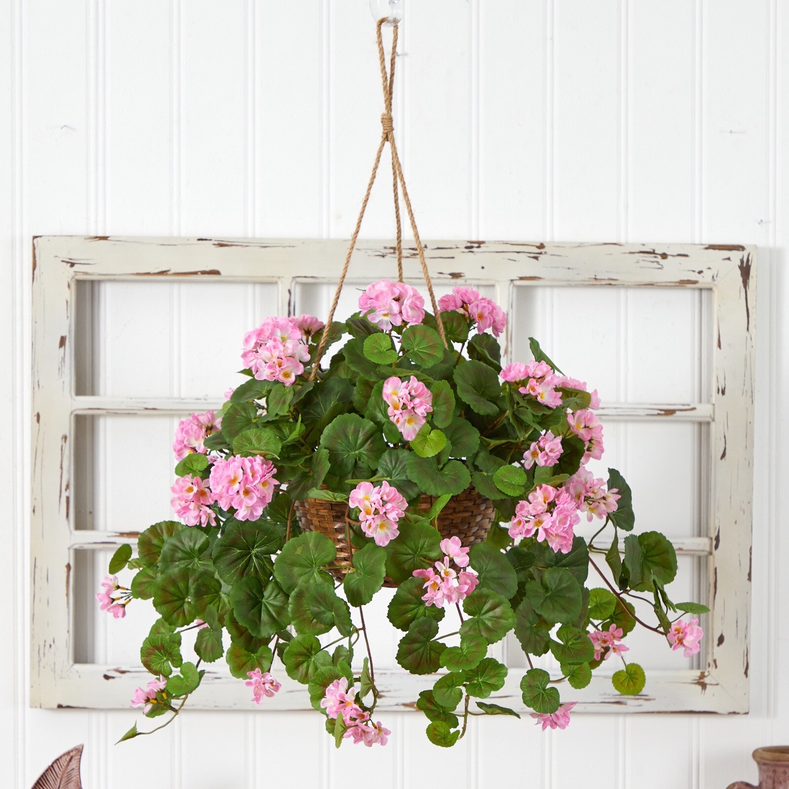 24″ Flowering Geranium Artificial Plant Hanging Basket Home Decor. Retail $88