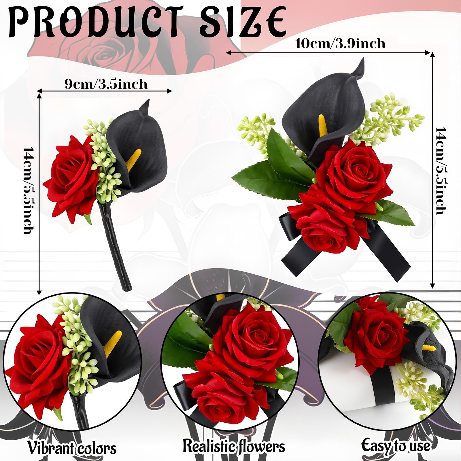 2 Pcs Red Rose Wrist Corsage and Boutonniere Set for Homecoming with Black Ca…