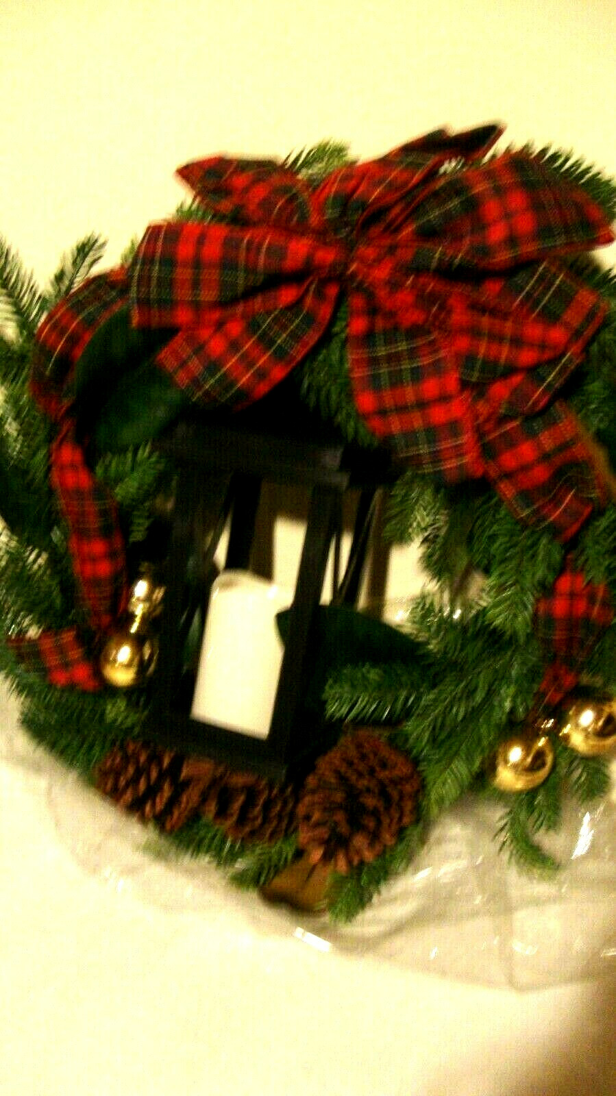 25 inch Winter Pine Wreath with bow and led Lantern – SALE