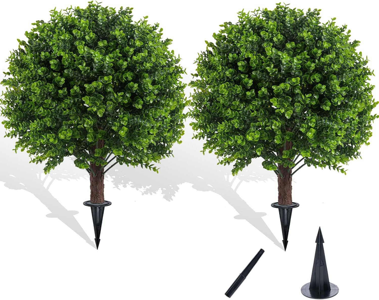 Artificial Boxwood Topiary Outdoor Plants with Spike, 2 Pack Faux Bushes UV Resi