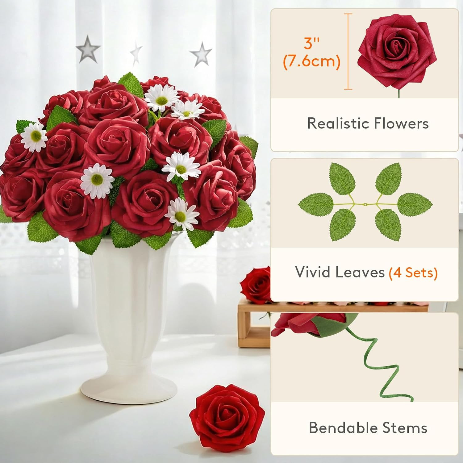 Artificial Flowers, 25 Pcs Dark Red Foam Real Looking Roses with Stems, Fake Ros