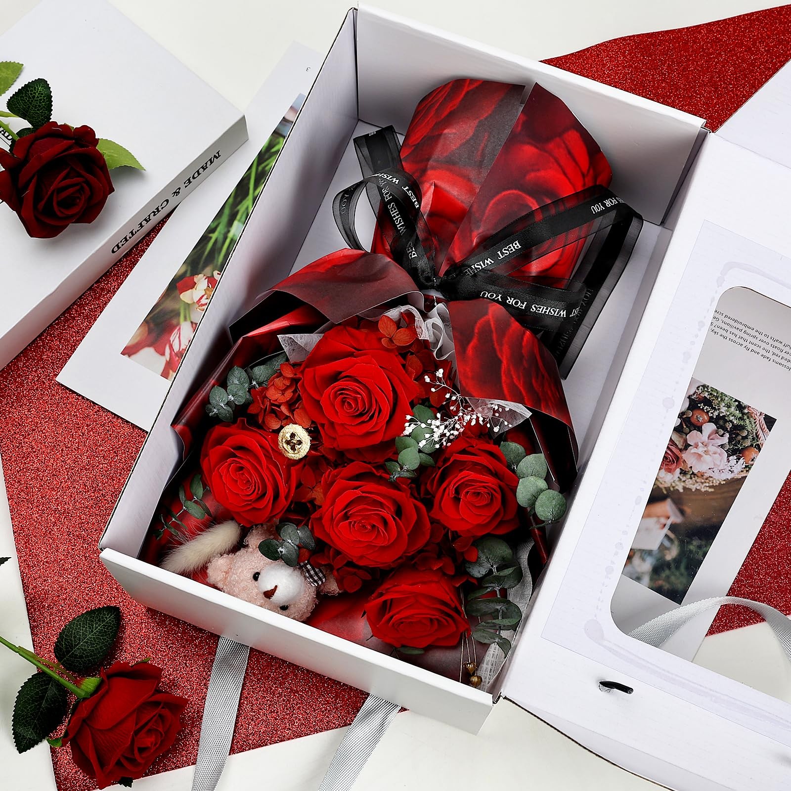 5 PCS Red Preserved Flowers Real Roses Bouquet Bear Gift Box Anniversary