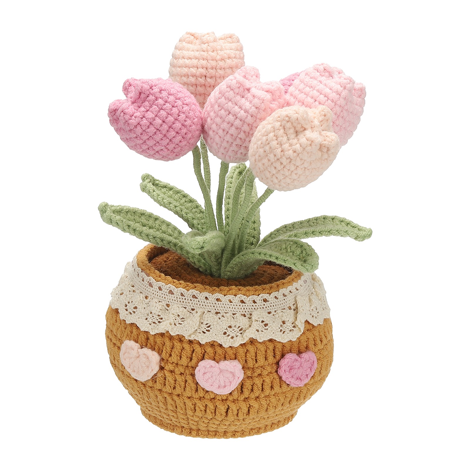 Crochet Flowers Tulip Artificial Flowers Little Potted 6 Flowers Gradient Pink
