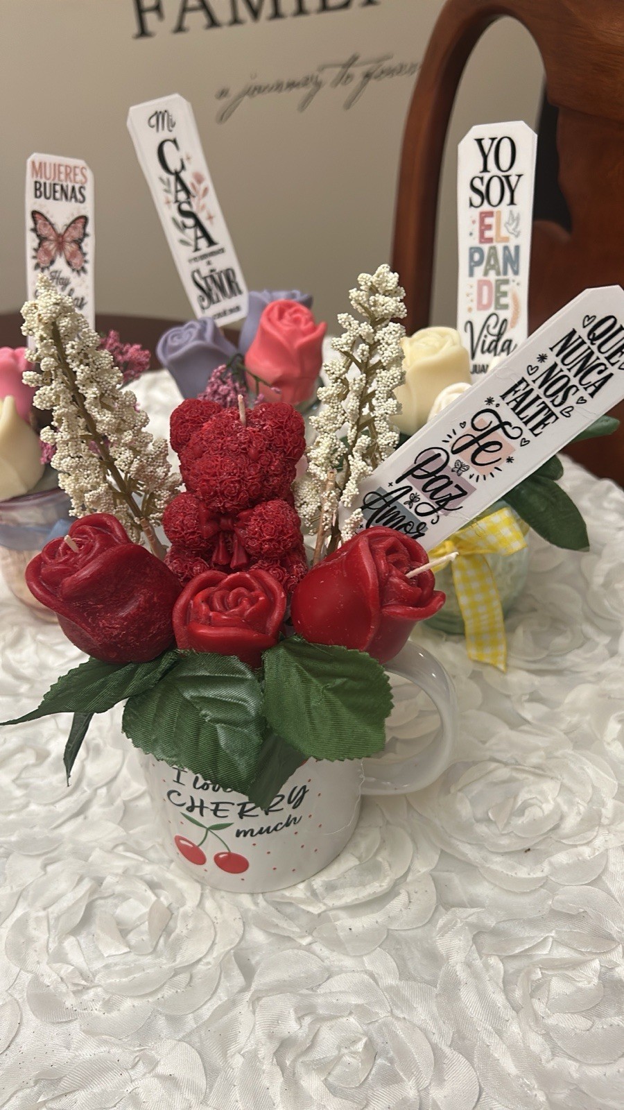 Artificial Rose Flower Arrangement & Centerpiece, Wax/Plastic, Red Green White
