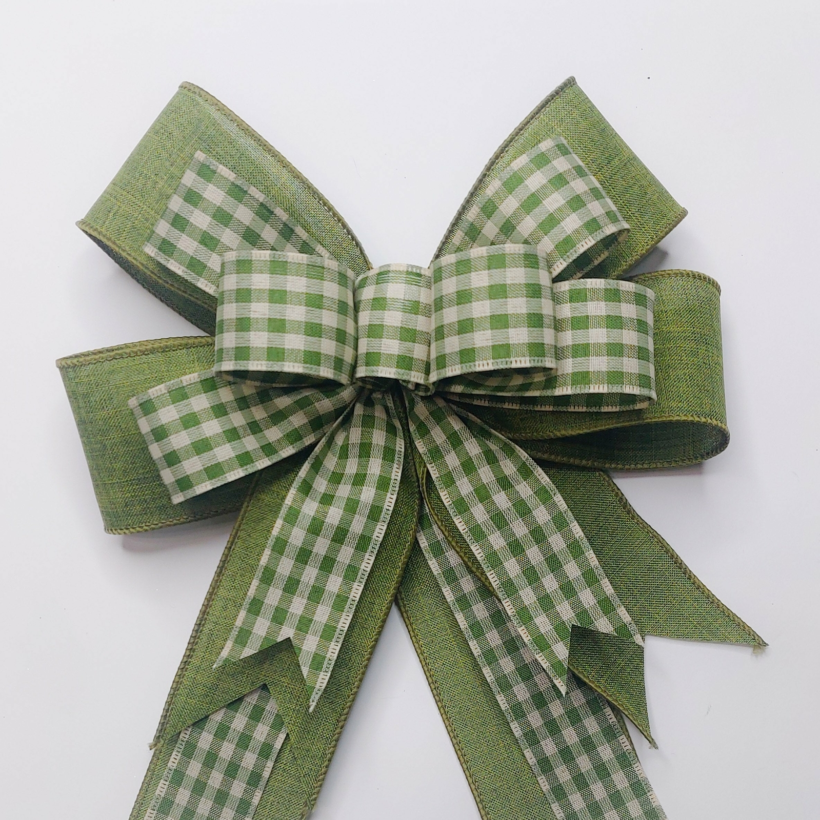 Wreath Bow, Moss Green Linen, Gingham Check
