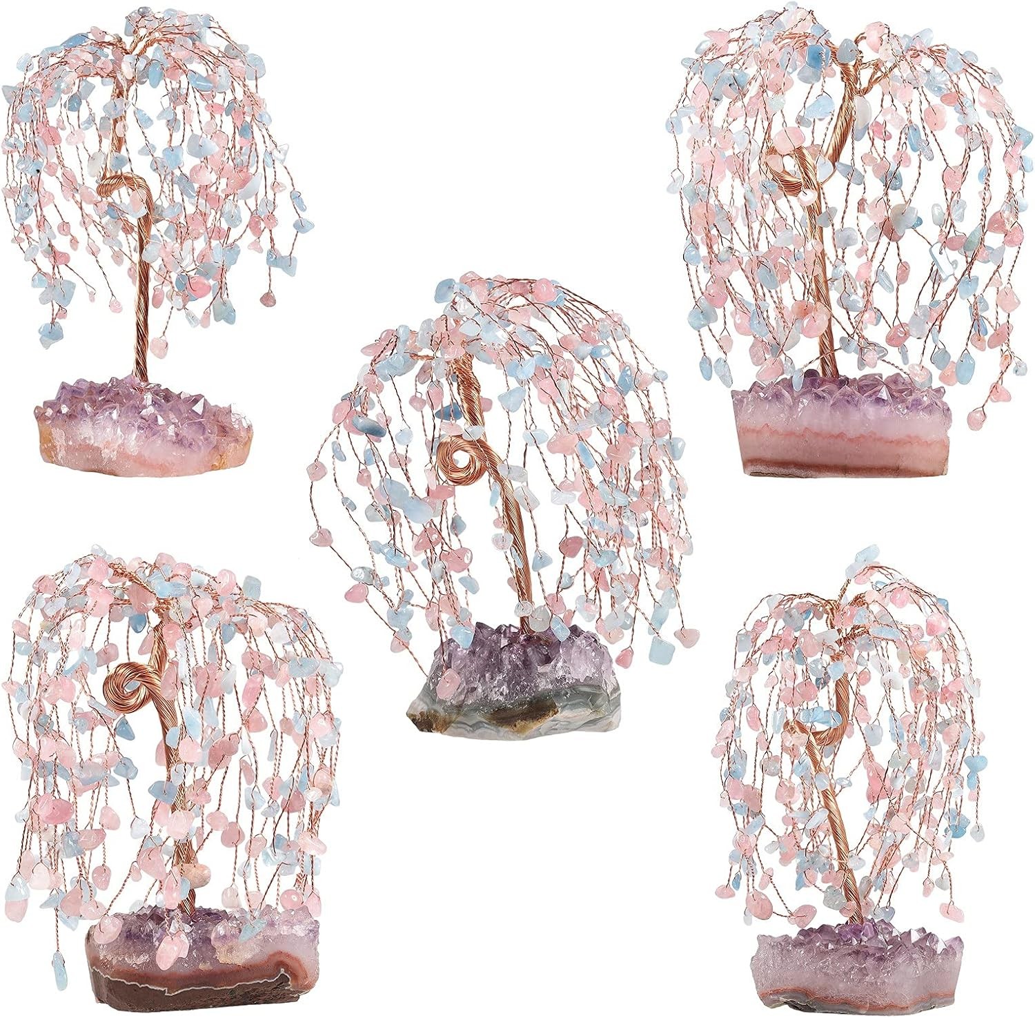 SUNYIK Rose Quartz and Aquamarine Healing Crystal Money Tree Set on Pink/Blue