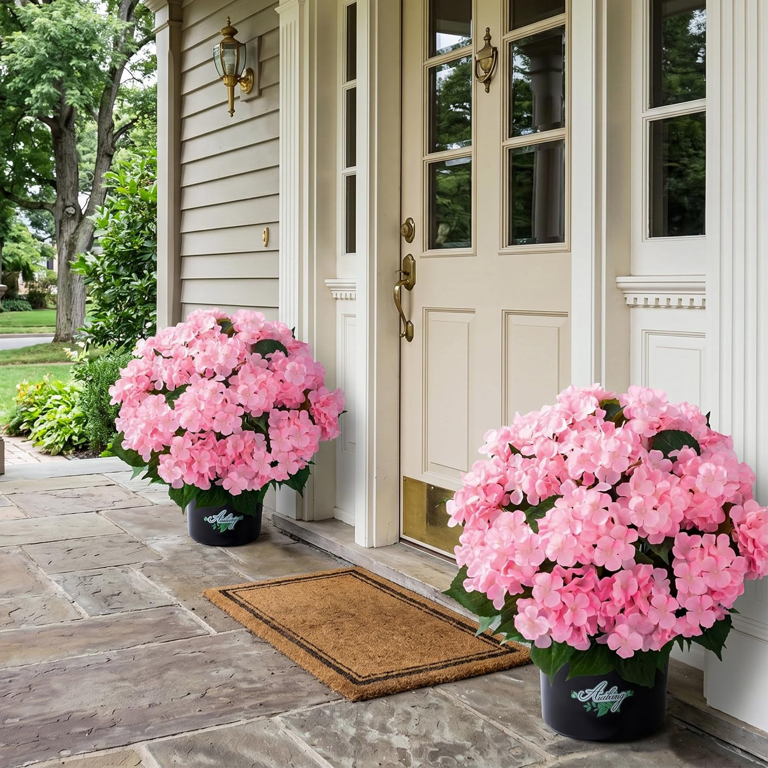 2 Potted Pink Hydrangea Artificial Flowers, Faux Hydrangea Outdoor | 22″ High &