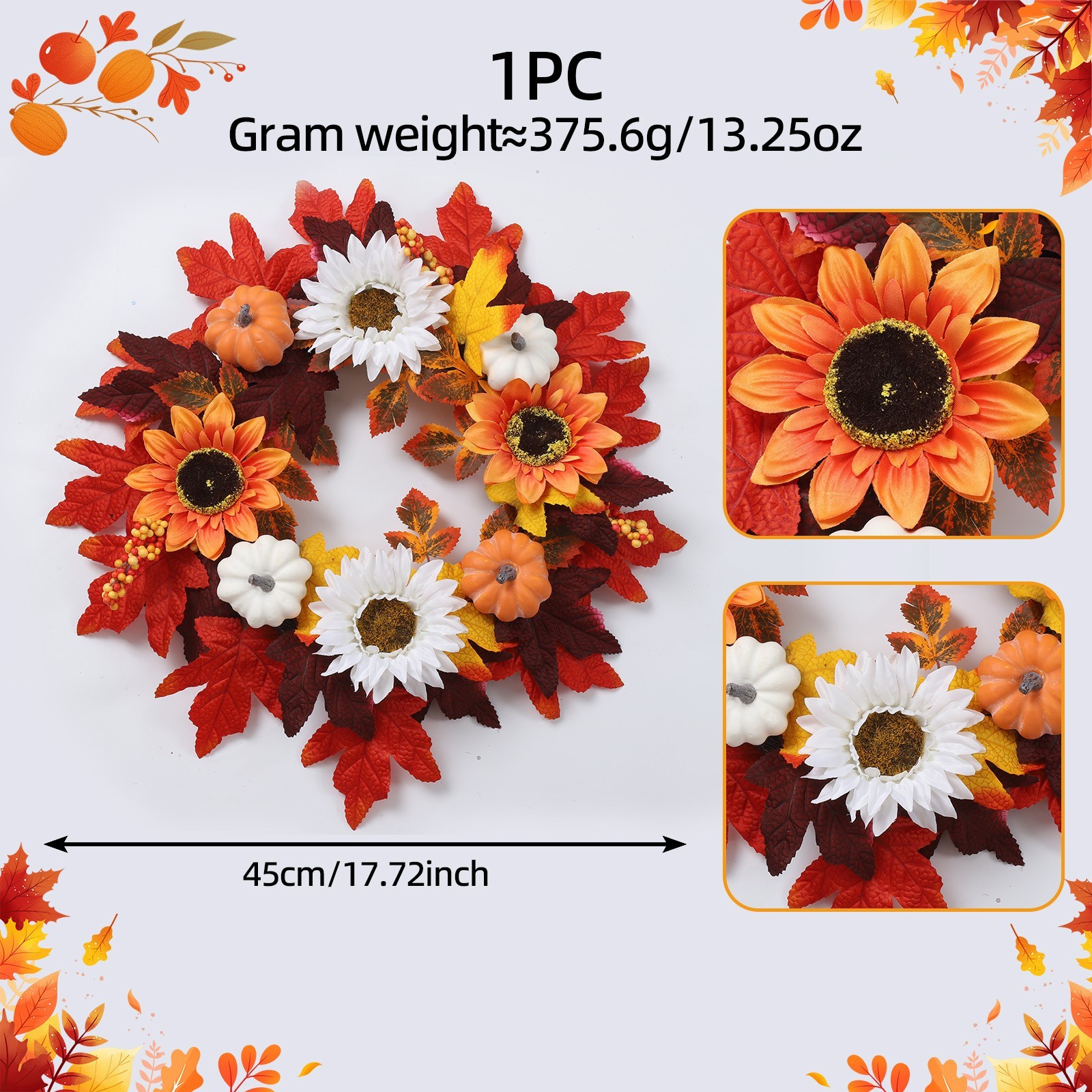 17.72in/45cm Preassembled Wreath with Latent Hanging Loop for Quick Setup
