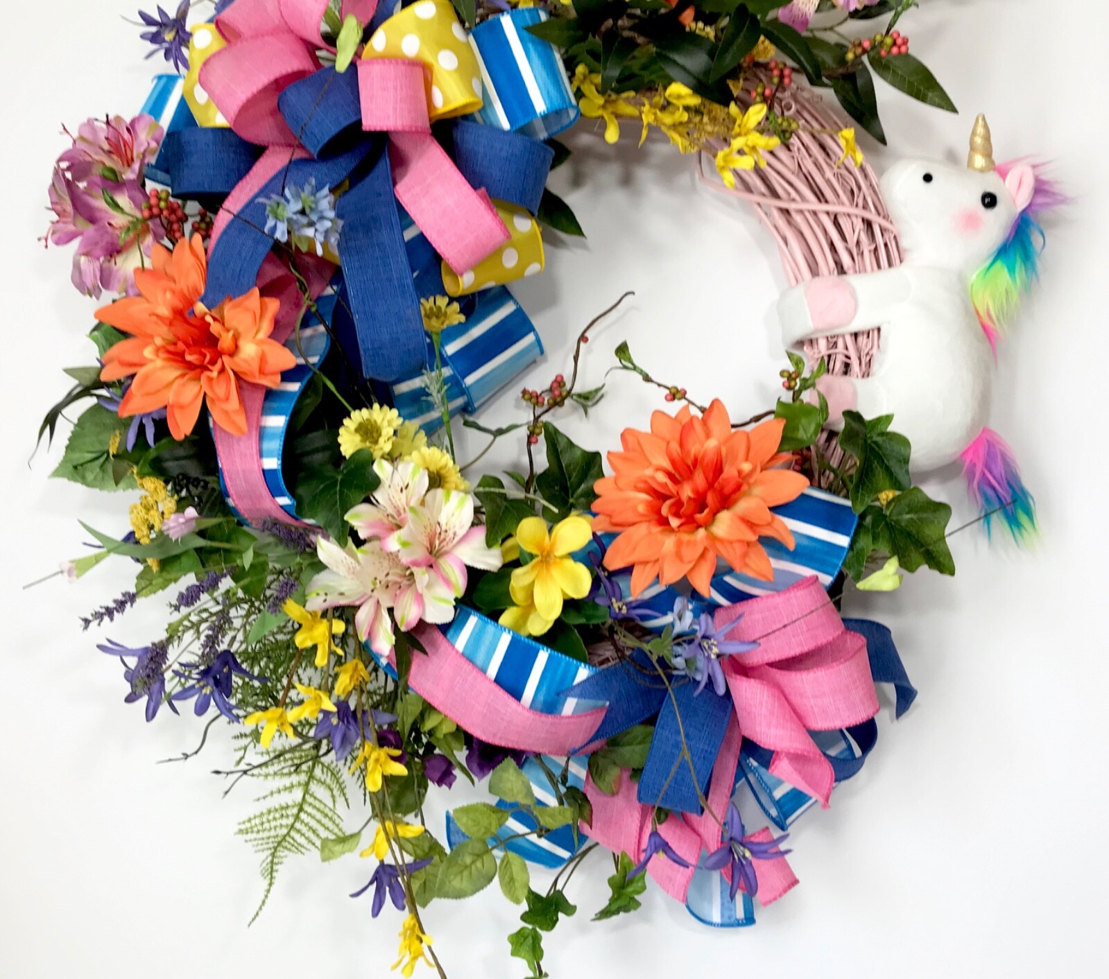 RAINBOW UNICORN PINK GRAPEVINE WREATH FRONT DOOR BRIGHT SUMMER FLOWERS DECOR NEW
