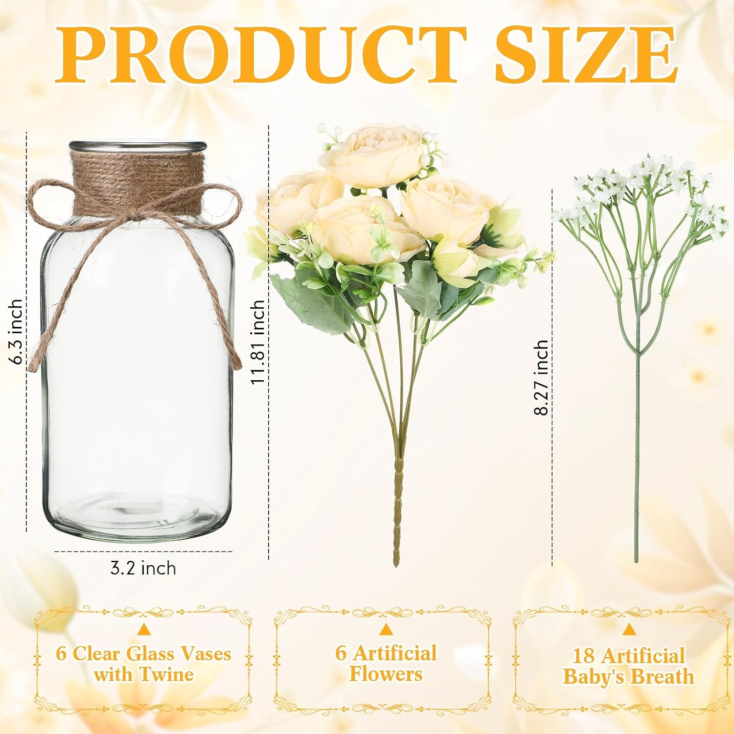 6 Sets Mason Jar Table Centerpiece W/ Artificial Peony Baby’s Breath Flower