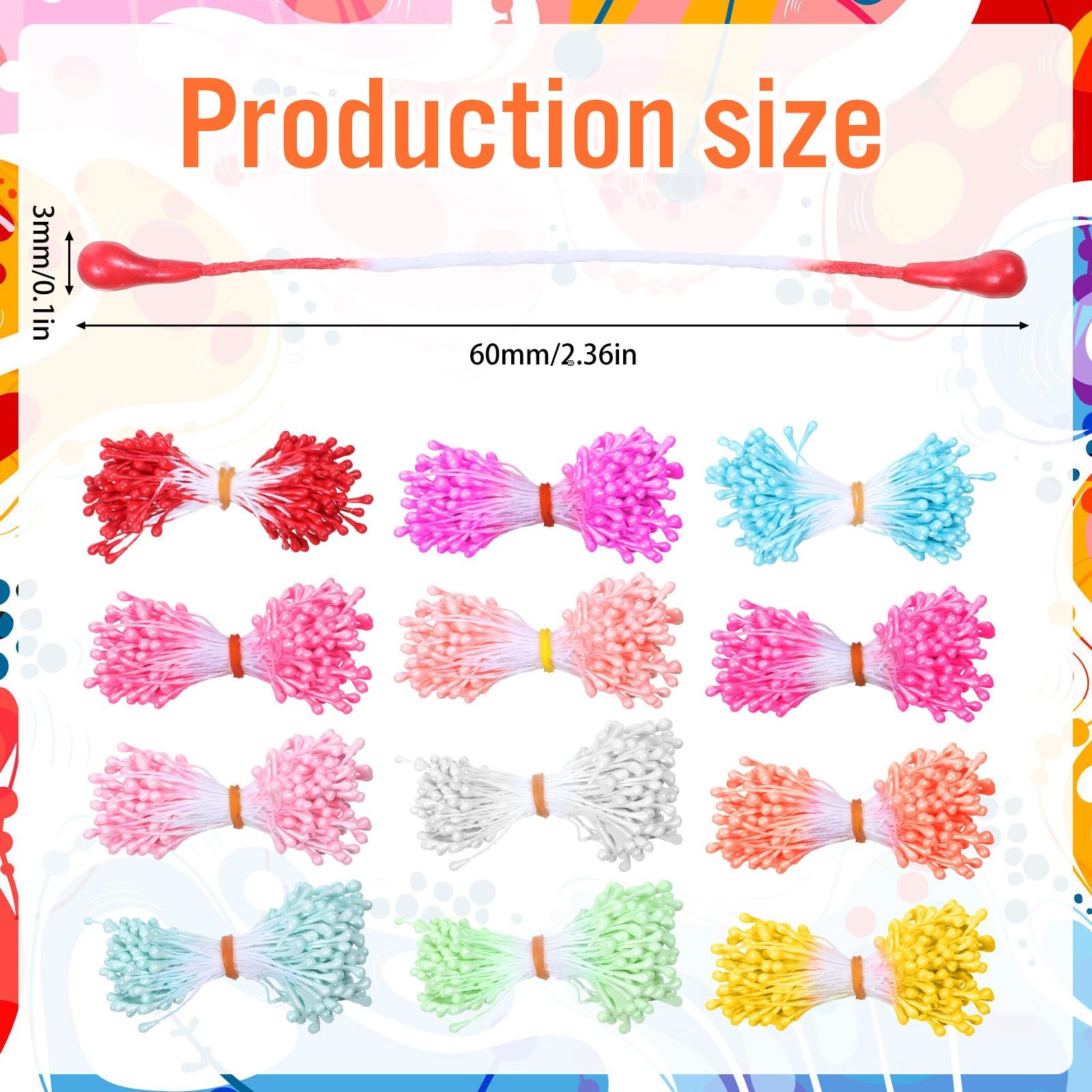 1800 PCS 3mm Flower Stamens Artificial Floral Double Heads Assorted 12 Color