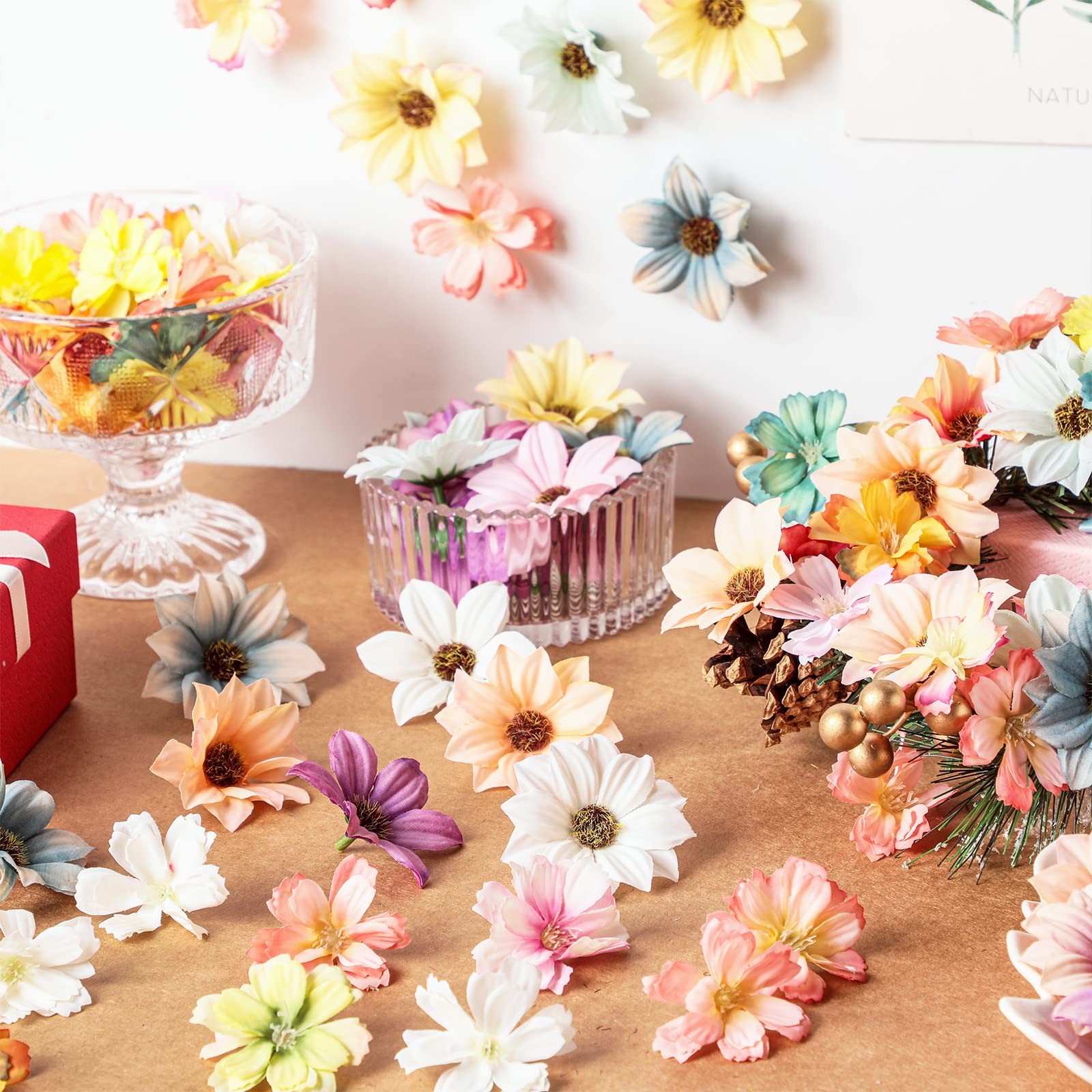 200 PCS Small Artificial Fake Silk Daisy Rose Peony Flower Heads Craft Wreath
