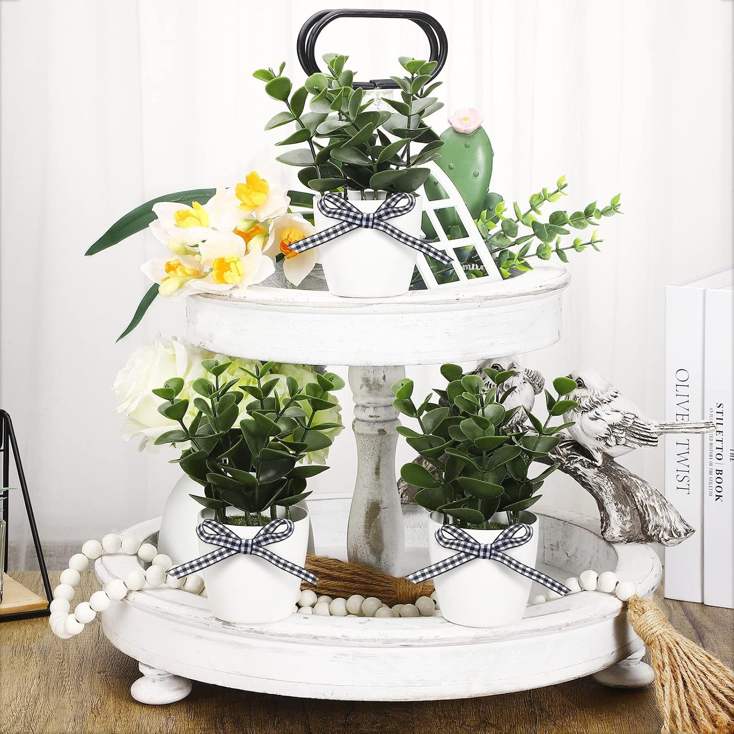 Jexine Farmhouse Tiered Tray Decor Mini Potted Eucalyptus Multi Color