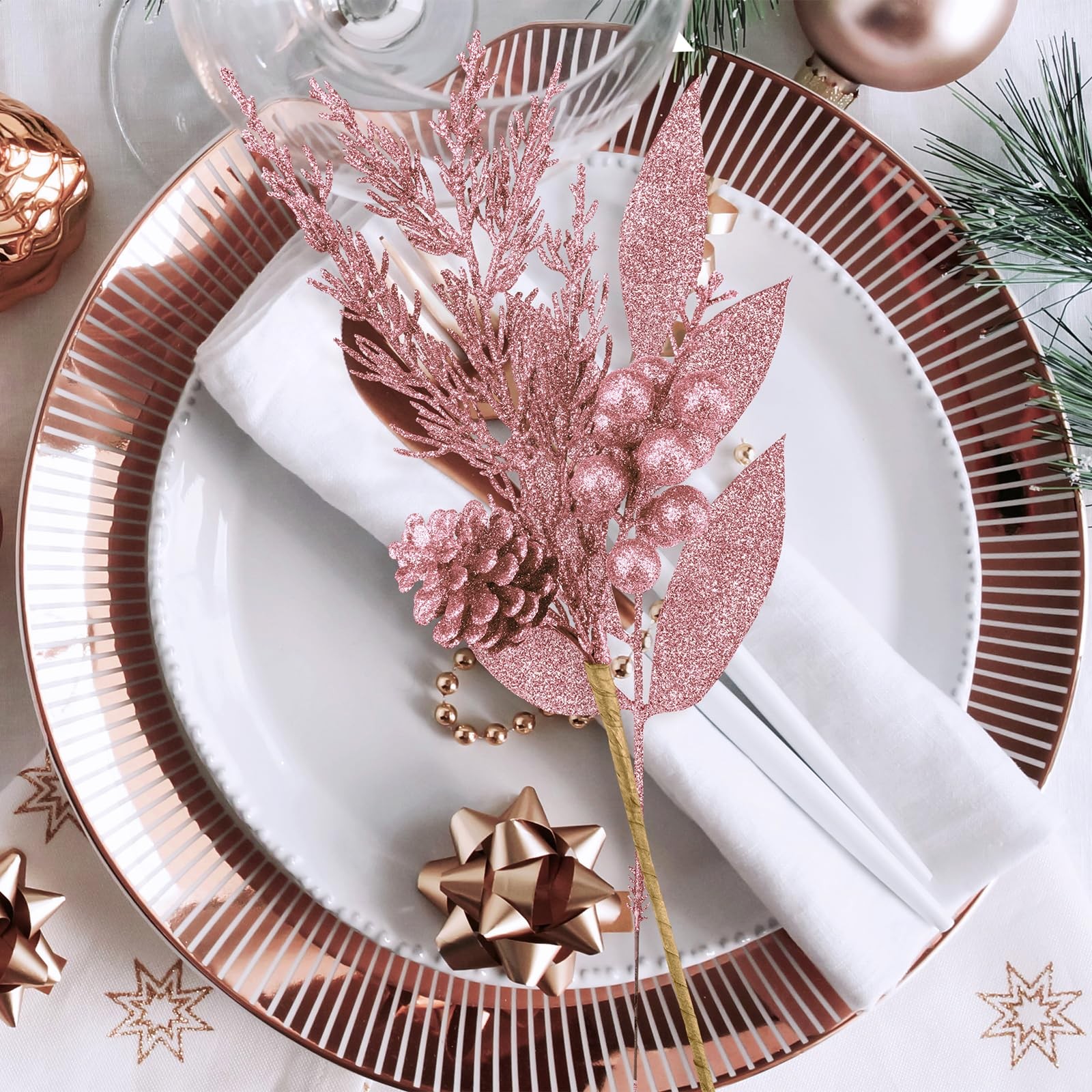 Christmas Artificial Poinsettia Flowers 35 PCS Rose Gold Glitter Floral Picks