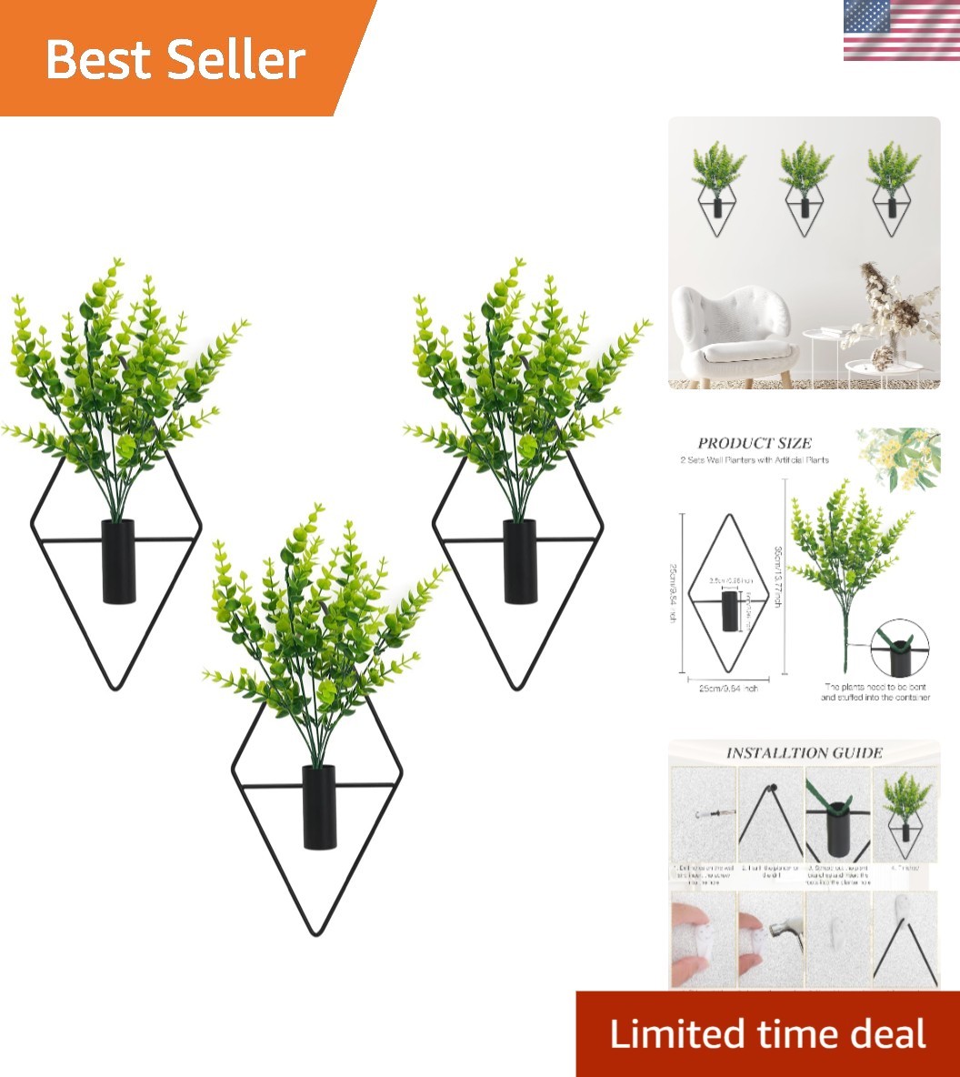 Elegant 3-Piece Geometric Metal Wall Planters with Eucalyptus for Home & Office